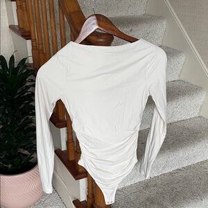 Abercrombie & Fitch Butter Soft Ruched Square-neck Cream Long Sleeve Bodysuit